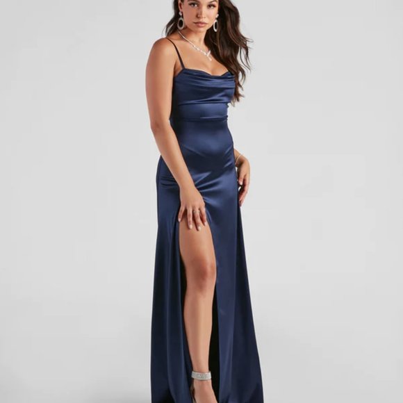 Formal Satin Cowl Neck Dress - Picture 1 of 5